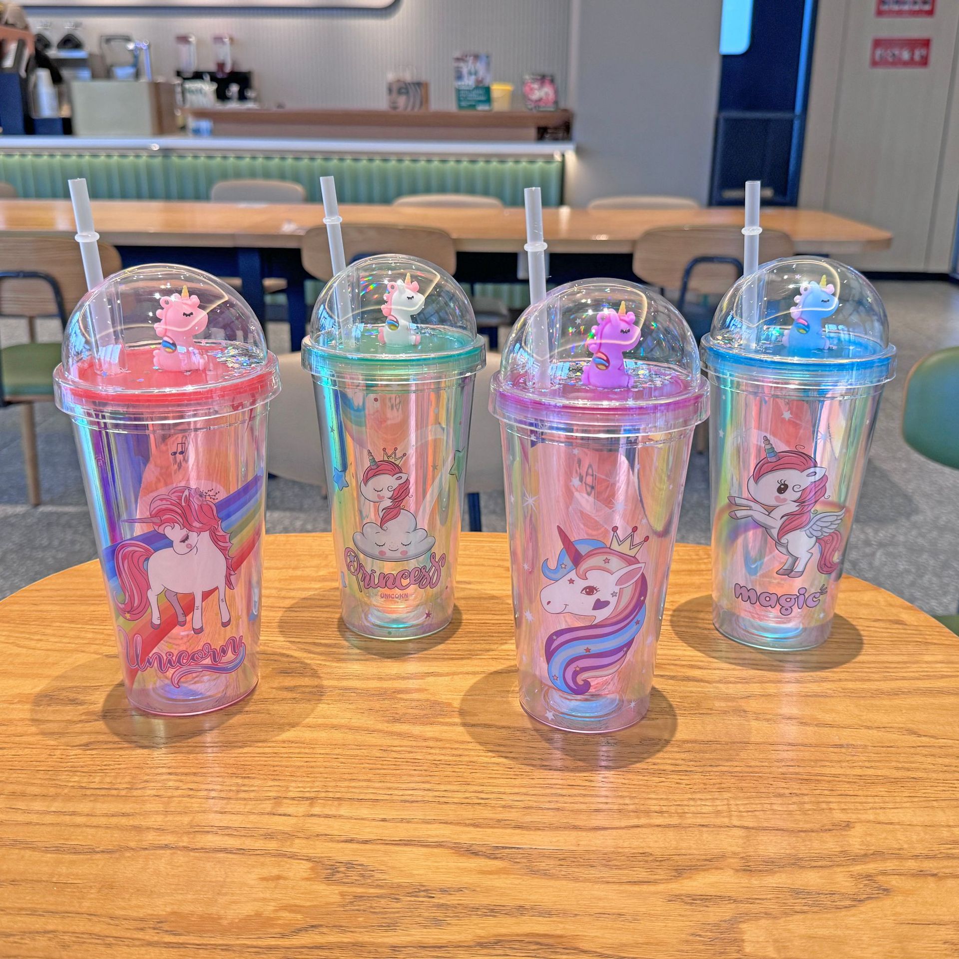 Foreign trade new unicorn viewing cup magic laser double plastic cup wholesale broken ice cup cartoon straw cup thumbnail