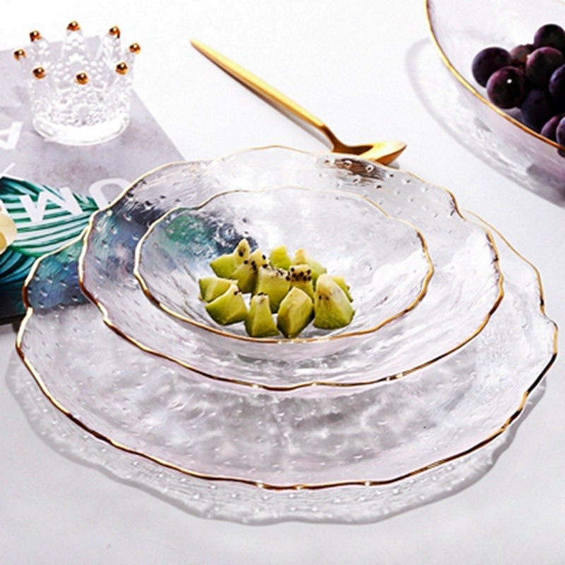 创意日式不规则锤纹玻璃盘金边手绘透明西餐盘水果盘子沙拉碗餐具详情图3