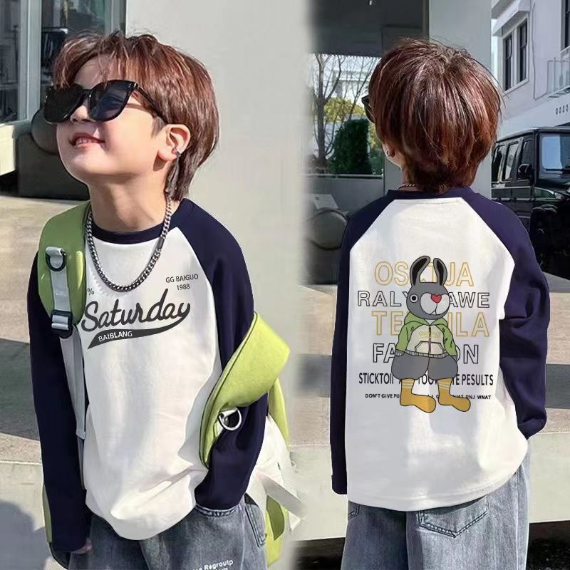 Pure cotton children's long-sleeved T-shirt, Spring and autumn new style boys' and girls' cartoon shoulder sleeve top, small children's and baby base layer Application Scenario