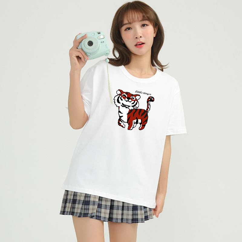 2022 Summer Tiger Year New Korean-style loose round-neck pullover short-sleeved pure cotton T-shirt, Hong Kong-style casual women's top T-shirt Application Scenario
