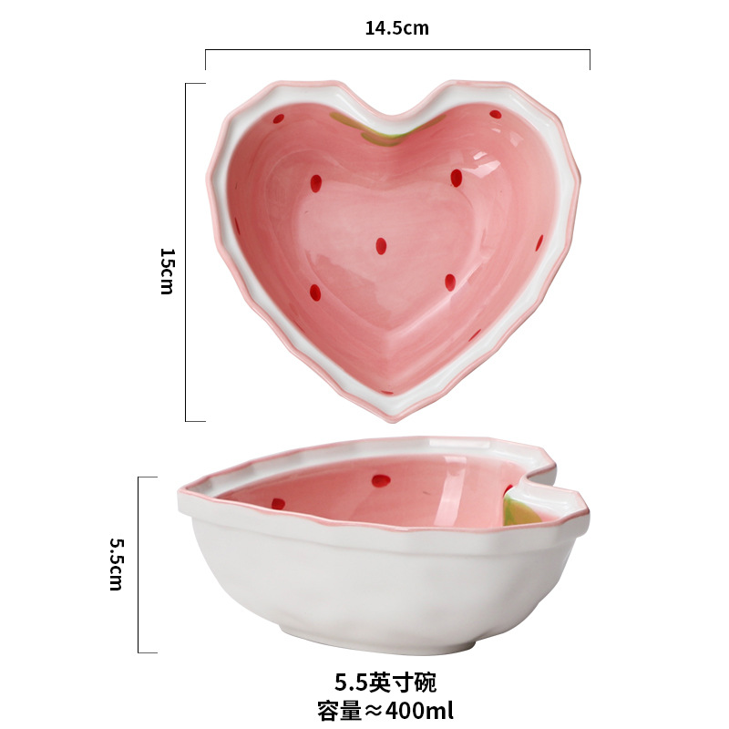 Strawberry bowl, star spoon, ceramic bowl and spoon set, gift box, couple's pink Chinese underglaze color fruit salad tableware Item Picture