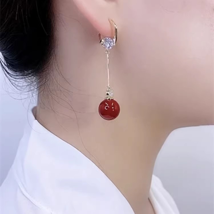 轻奢复古气质红珍珠耳环女日韩国长款流苏耳坠耳扣防过敏