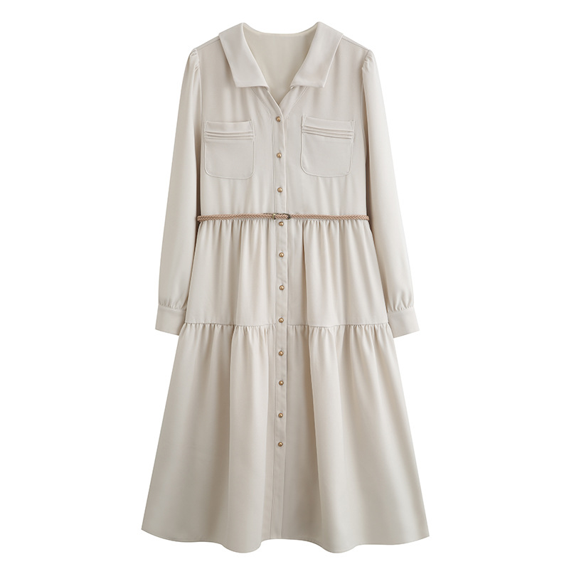 Model's real photo of the 2023 autumn new lapel stylish mid-length commuting dress HUA8481 Item Picture
