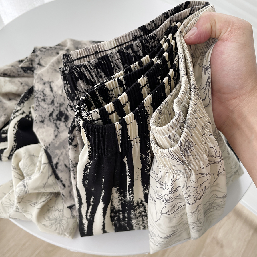 White Brown Wide Leg Pants Chiffon Printed Casual Pants Women's New Print Lazy Retro Loose Sag Wide Leg Pants details Picture