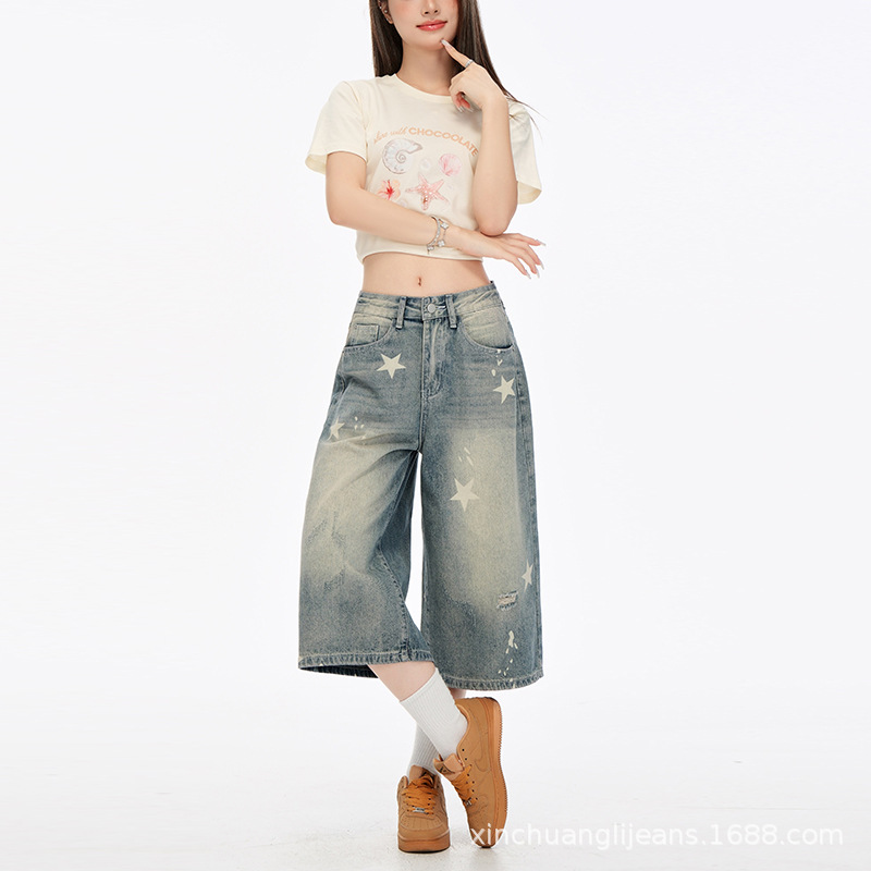 新塘牛仔之都美式复古水洗星星印花七分女装直筒显瘦百搭牛仔裤