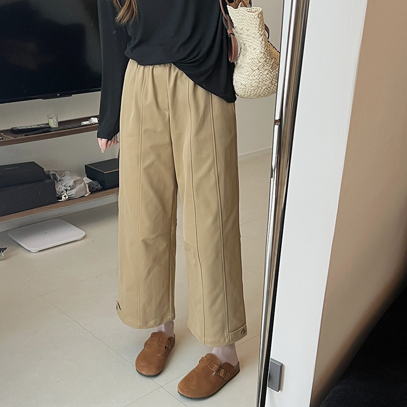 Early autumn vertical line design niche casual pants for women, soft and comfortable, mountain-style high-waisted, versatile wide-leg nine-inch pants for women details Picture