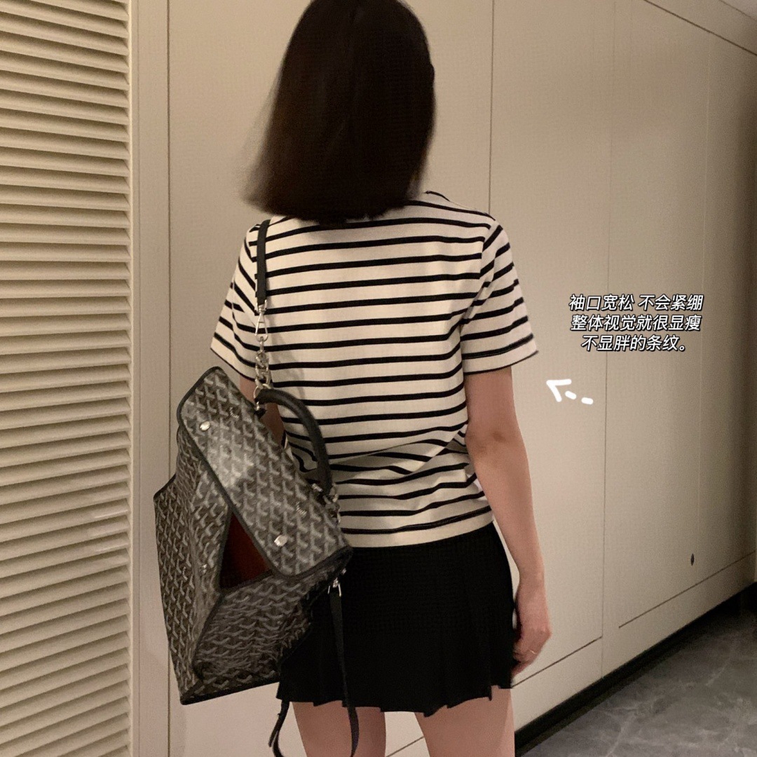 021406 Striped paper strip color-blocking, comfortable and slimming, versatile cotton textured round-neck short-sleeved T-shirt for women Specification image