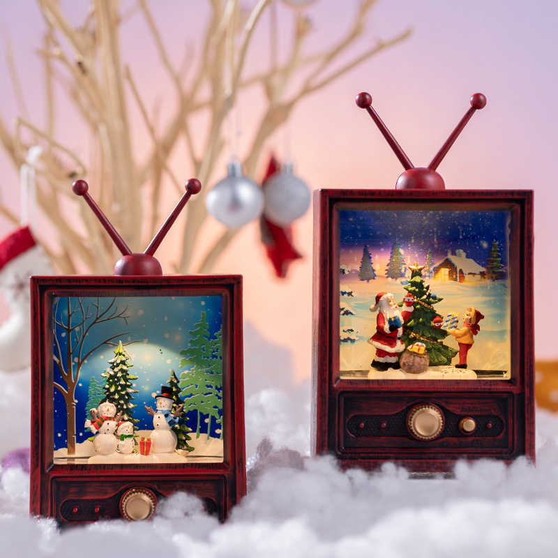 圣诞节电视机装饰品圣诞老人飘雪摆件场景布置工艺品儿童礼物礼品