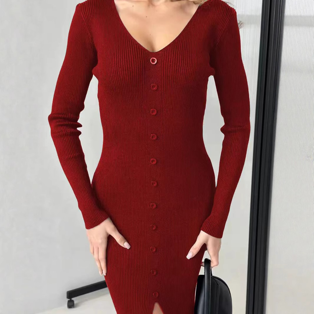 This is a new V-neck mid-length, slimming, slit, single-breasted, knitted, hip-hugging jumpsuit from Europe and America for the autumn and winter of 2025 Specification image