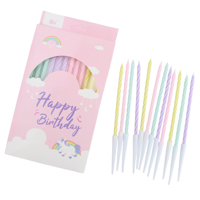Wholesale new birthday candles, slender, colorful crystal spiral 12-piece boxed party candles Item Picture