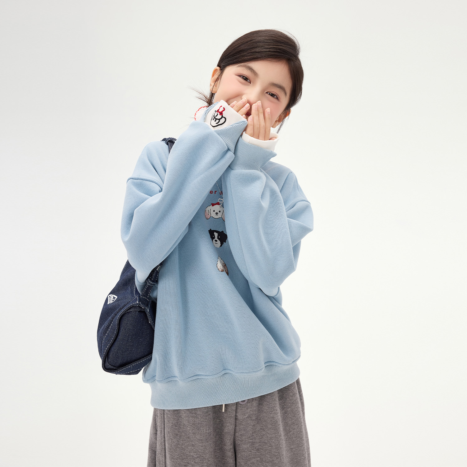 女童卡通小狗加绒卫衣2025秋冬新款儿童韩版假两件休闲宽松上衣潮