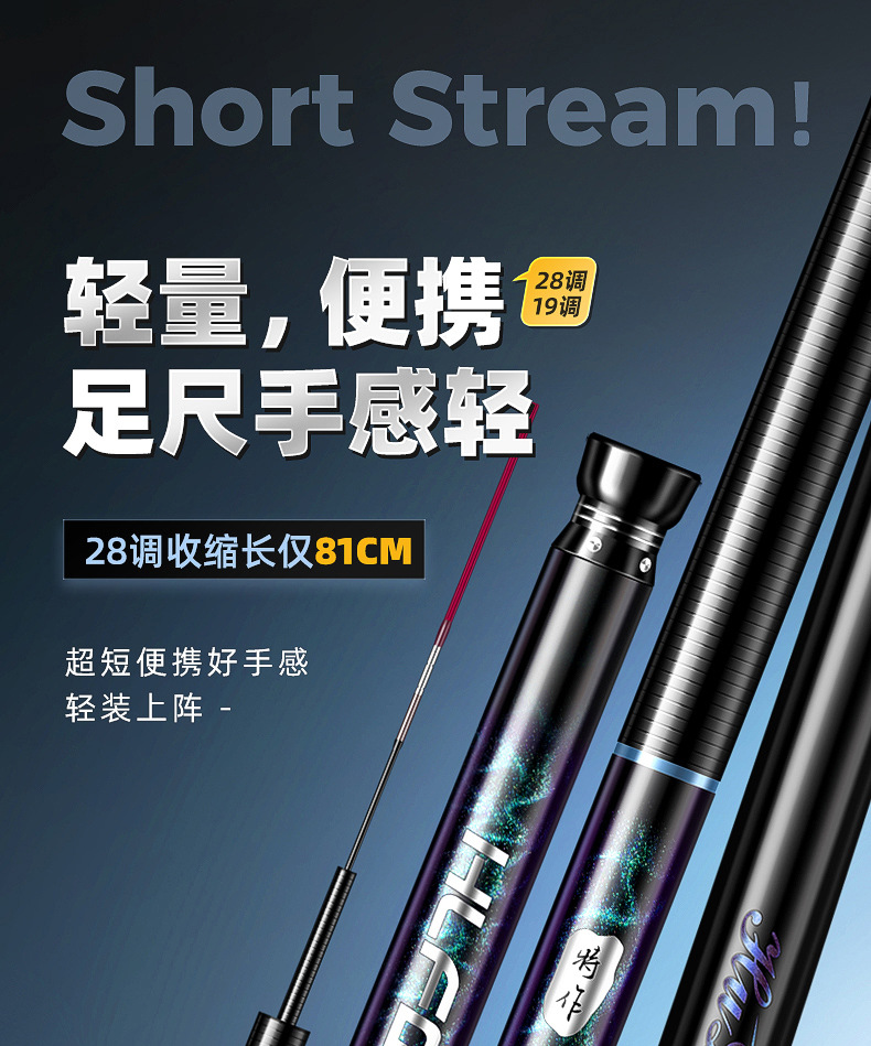 Huling Wind Stream Stream Short section fishing rod, hand-held 28-tone crucian carp rod, carbon ultra-light and ultra-hard 19-tone carp rod, leisure pic 2