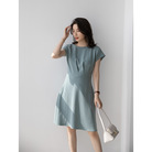 不规则褶皱连衣裙小众设计感浅海蓝气质中款短袖