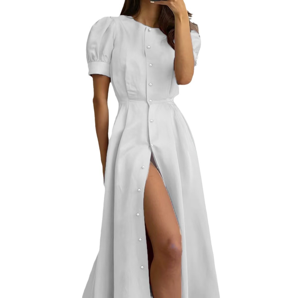 2025 Independent Station Cross-border European and American women's clothing new cardigan slimming and elegant high-waisted dress with short sleeves Item Picture