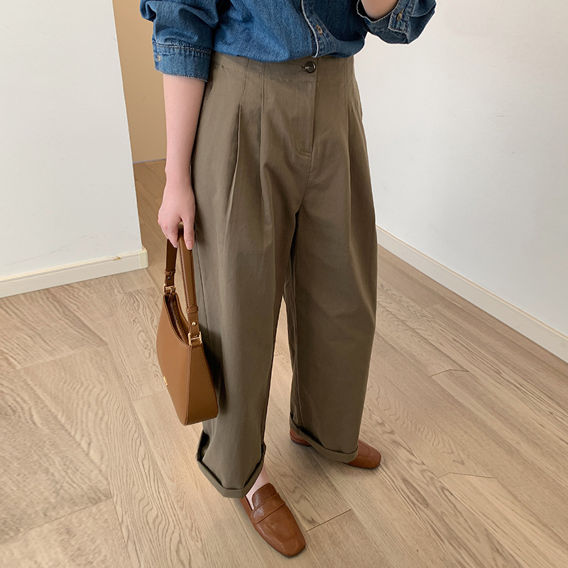 Simple and retro casual pants for women in autumn, new French one-waist semi-elastic straight-leg pants, high-waisted loose slimming long pants
