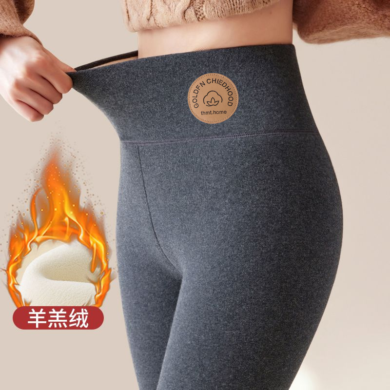 Lamb fleece and fleece leggings for women in autumn and winter, high-waisted leather label northern extra thick warm thickened 400g cotton pants details Picture