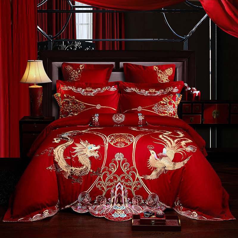 厂家直销婚庆绣花结婚四件套提花大红色婚礼多件套件全棉床上用品图
