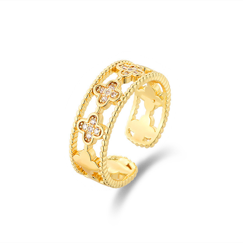 The New Kimoj Ring Exudes A Cross-Border Charm Of European And American Light Luxury. It Is A Zircon Inlaid And Hollowed-Out Four-Leaf Clover Ring For Women, A Niche Accessory That Is Very Eye-Catching Item Picture
