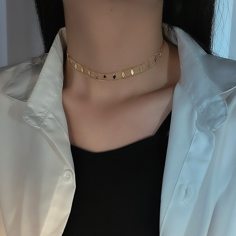 2024 New double-layer diamond-shaped sequined titanium steel necklace, women's summer Instagram sexy and cold style collarbone chain details Picture