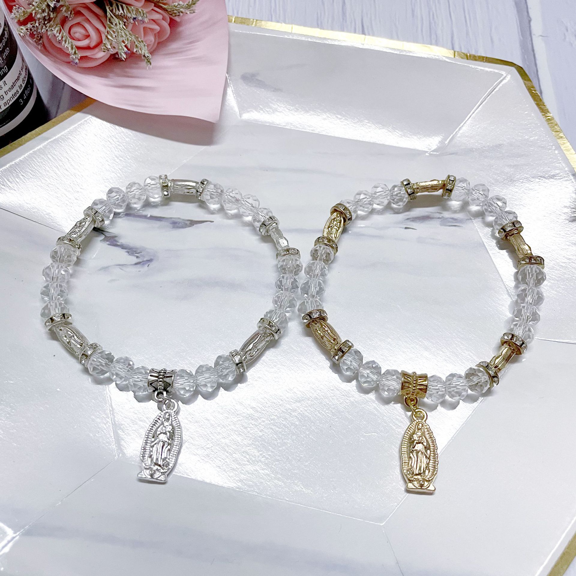 Europe And The United States Foreign Trade Cross-Border New Sales Of Alloy Mary Church Rosary Mary String Crystal Bracelet Cross Beaded Bracelet Manufacturers Wholesale
