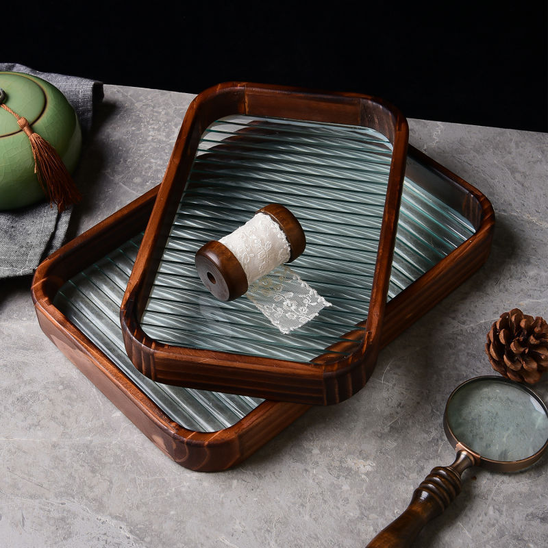 Changhong Glass Tray Simple Walnut Color Rectangular Tea Tray Storage Decoration Tea Cup Fruit Dessert Tray Specification drawing
