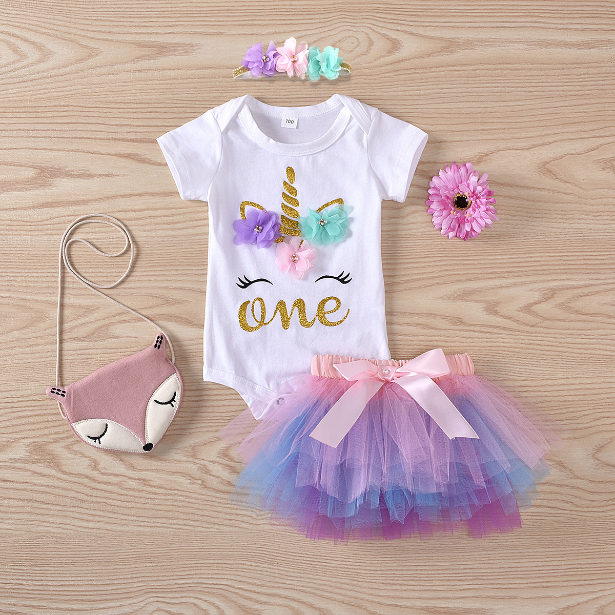 2022 New Summer one-year-old baby Unicorn Birthday Clothing, 3-piece net chiffon skirt set