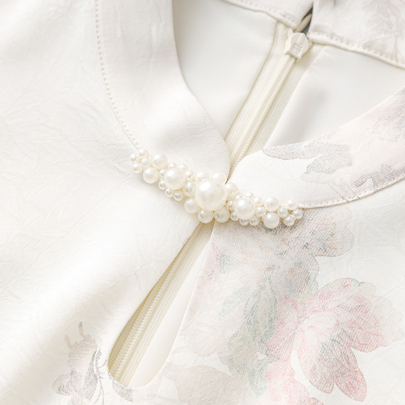 2506210- New Chinese-style printed cool pearl button-up stand-up collar dress, cheongsam, Women's long dress Specification image