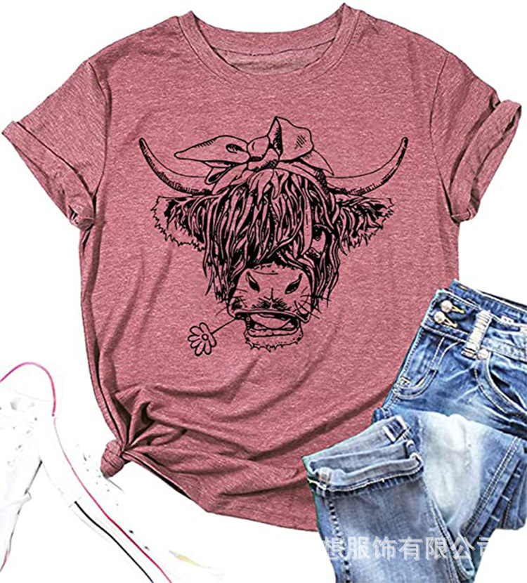 亚马逊爆款有趣的动物牛图形印花/扎染休闲短袖女式T恤农场上衣图