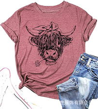 亚马逊爆款有趣的动物牛图形印花/扎染休闲短袖女式T恤农场上衣