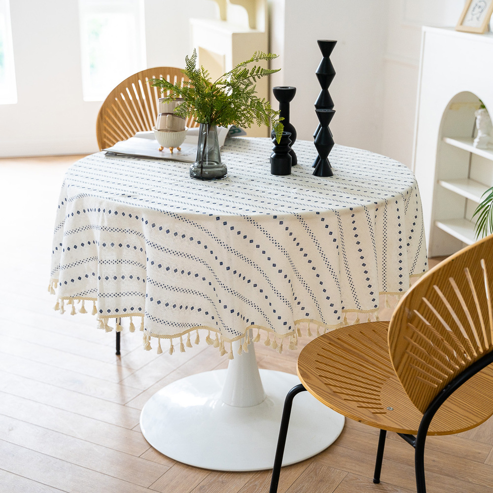 Cross-border Amazon Japanese plain tablecloth, Japanese fresh and light blue striped pure cotton and linen tablecloth and desk cover
