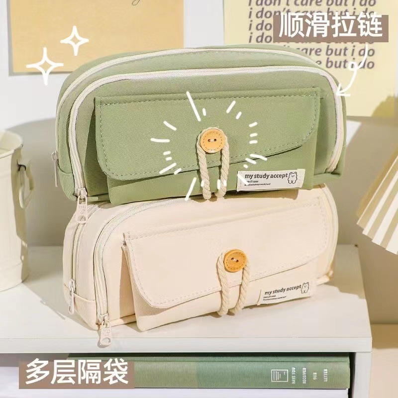 Macaron solid color multi-layer separated pen case, high appearance level, large capacity, hemp rope button, ins high-end stationery box details Picture