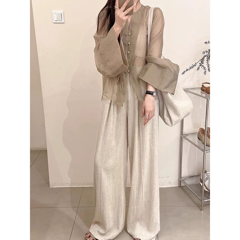 New Chinese-style women's clothing set for summer, featuring a cool button-down sun-protective shirt and wide-leg pants with a drape