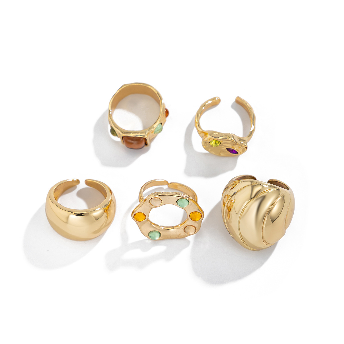 European and American cross-border fashion ins colorful diamond-encrusted gemstone ring set, exaggeratedly layered metal smooth open ring Item Picture