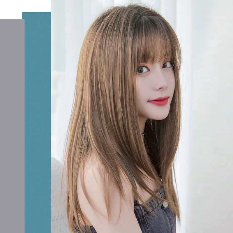 Natural long straight hair, air bangs wig, fluffy and popular online hair wig, 26-inch synthetic wig Specification image