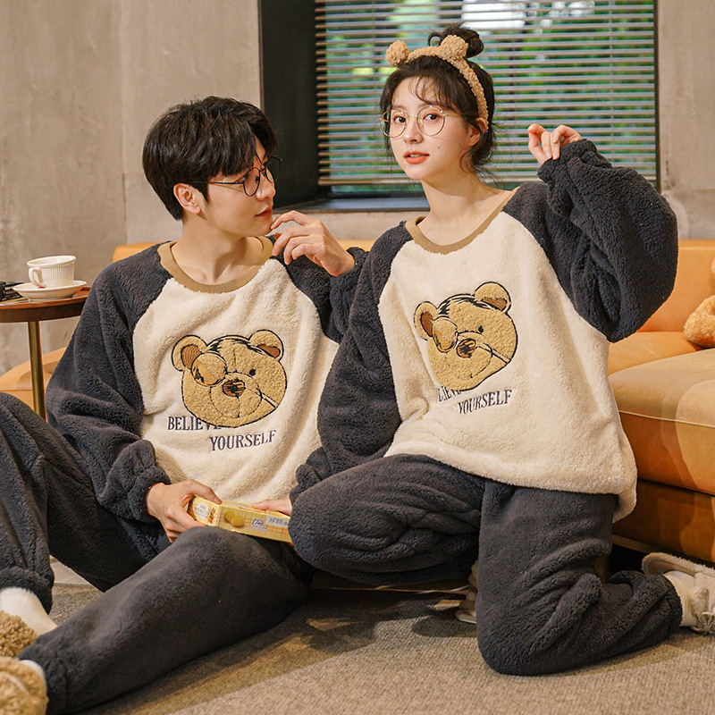 Couple Pyjamas Winter With Thick Coral Velvet For Men And Women Autumn And Winter Flannel Homewear Warm Two Sets details Picture