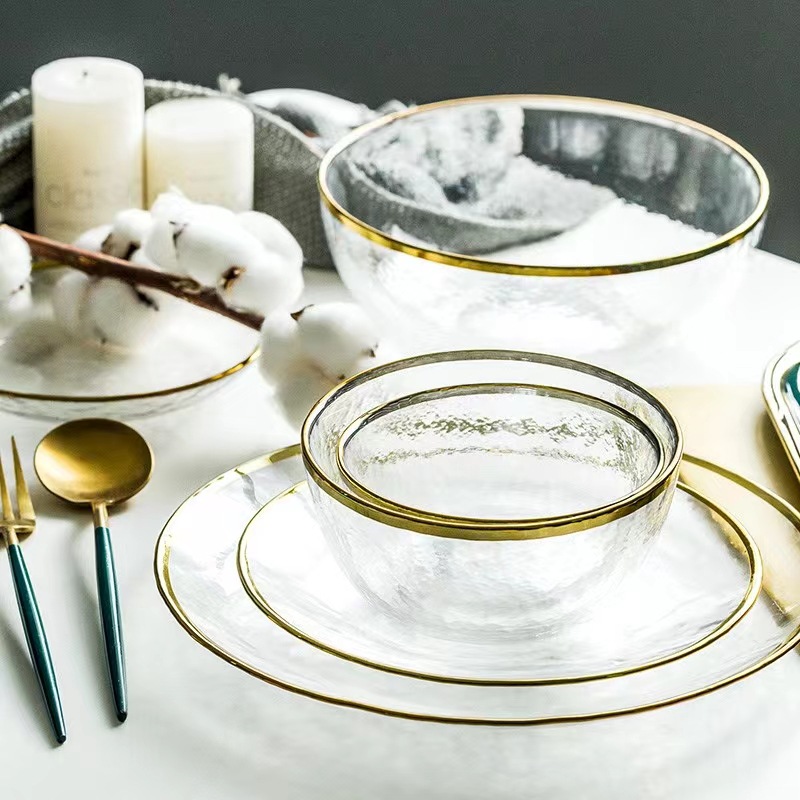 Nordic High Appearance Level Clear Gold Rim Glass Fruit Salad Bowl Plate Home Large Lovely Nordic Bird's Nest Dessert Bowl Specification drawing