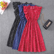Red dot chiffon skirt Europe and the United States loose matching temperament to cover the belly MIDI dress fairy full dress