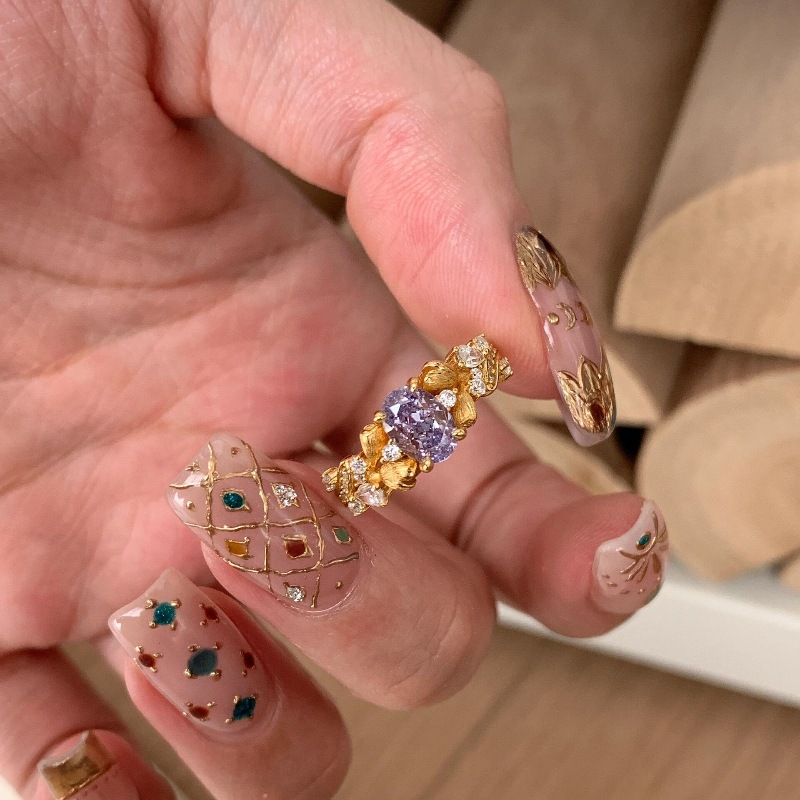 Vintager's mid-style brushed starry sky tassel ring and Bauhinia flower light luxury high-end court style index finger ring Item Picture