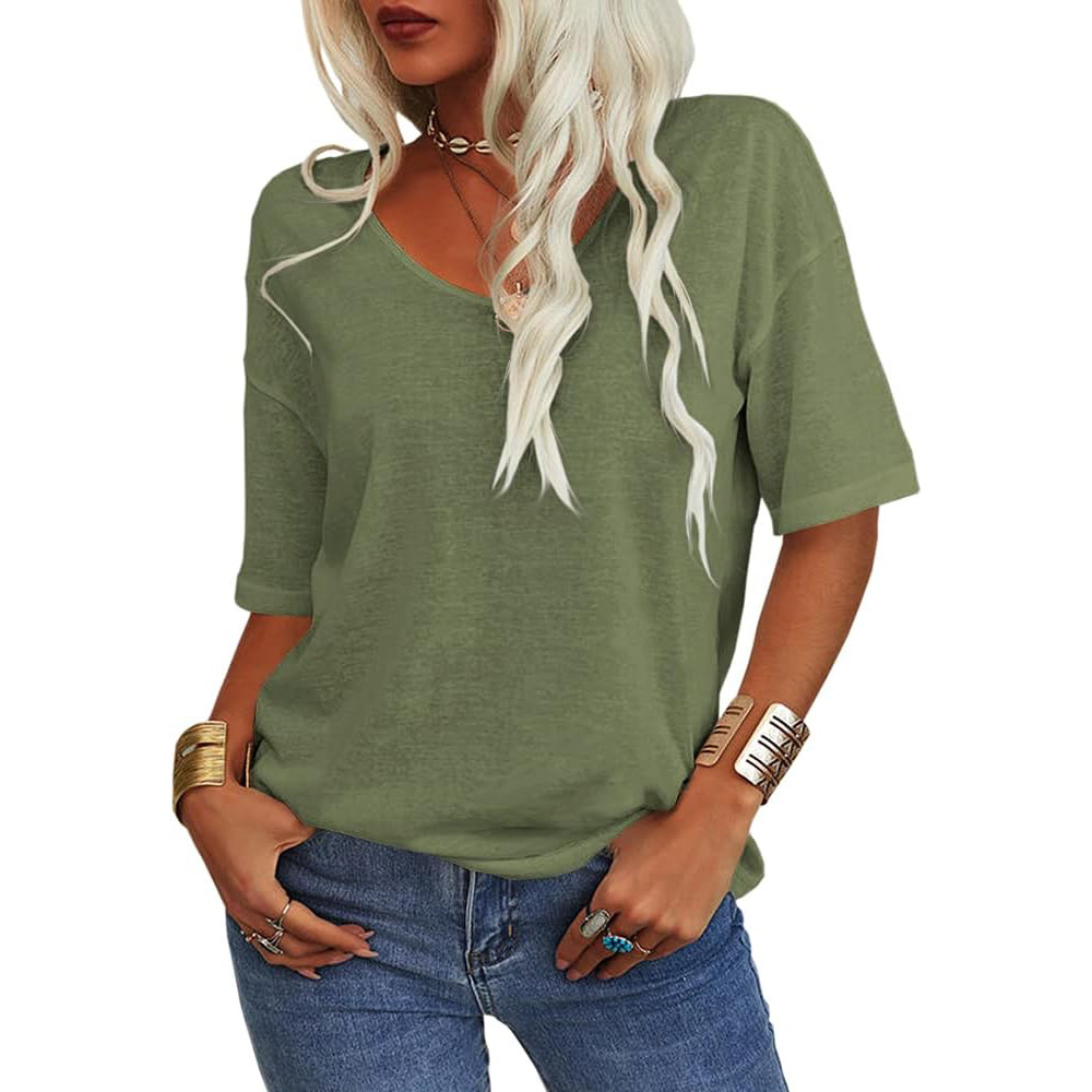 The 2024 summer Amazon and eBay bestseller, the new solid-color short-sleeved V-neck T-shirt top for cross-border trade in Europe and America Item Picture