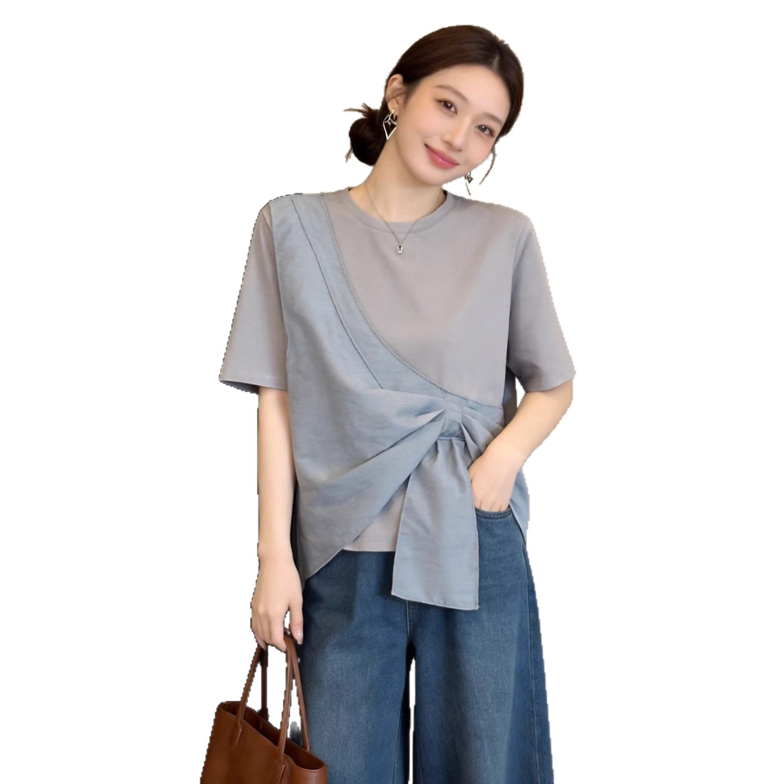 Light blue irregular short-sleeved T-shirt for women's summer, a new versatile, casual, slimming and youthful off-the-shoulder top 11314 Item Picture