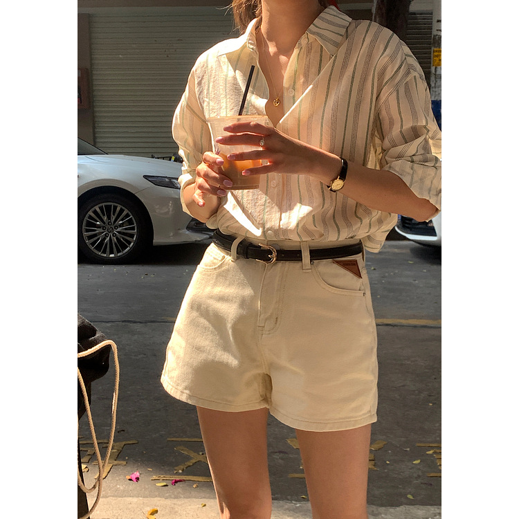 Huang Zheng's high-end chic striped shirt for women 2023 Spring Korean mid-length loose shirt 131CD8729