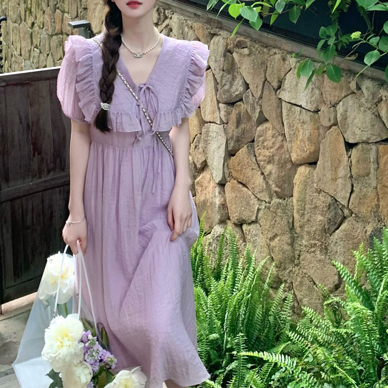紫色连衣裙女夏 2022新款高ji感气质法式v领茶歇裙长款裙子夏