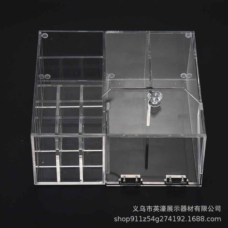 多功能亚克力收纳盒透明防尘桌面翻盖格子展示盒大容量梳妆台置物图