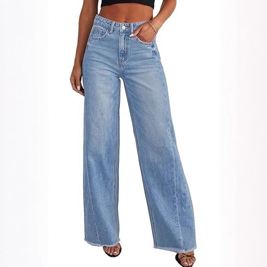 Retro blue women's wide-leg jeans, high-waisted, hip-hugging and slimming elastic denim pants, loose straight-leg denim pants Item Picture