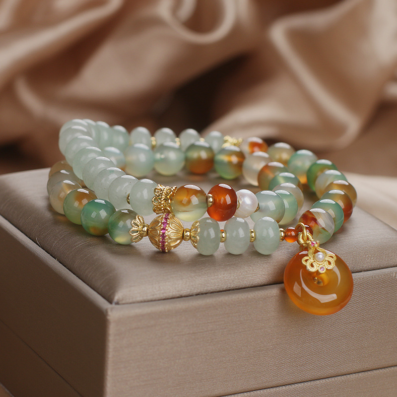 New Chinese-style peacock green agate double-ring bracelet, women's green Dongling double-layer light luxury peace pendant bracelet, trendy Item Picture
