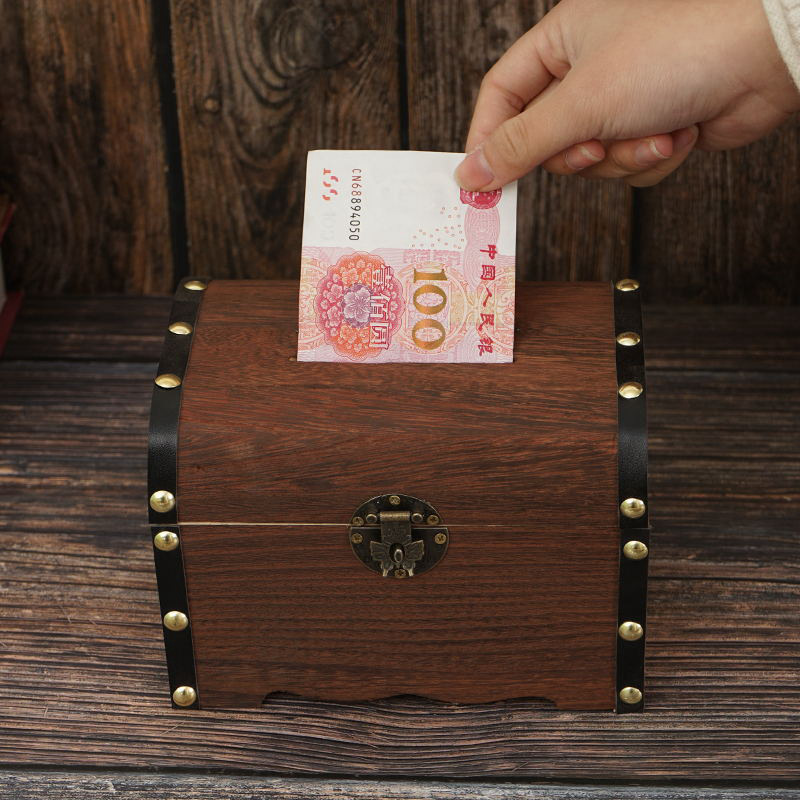 Creative solid wood savings box, children's habit formation, banknote and small change savings box with lock, safety small wooden box customization Specification drawing