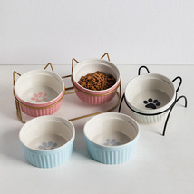 猫碗批发陶瓷高脚护颈双碗固定架防打翻宠物猫狗食盆水碗倾斜口碗