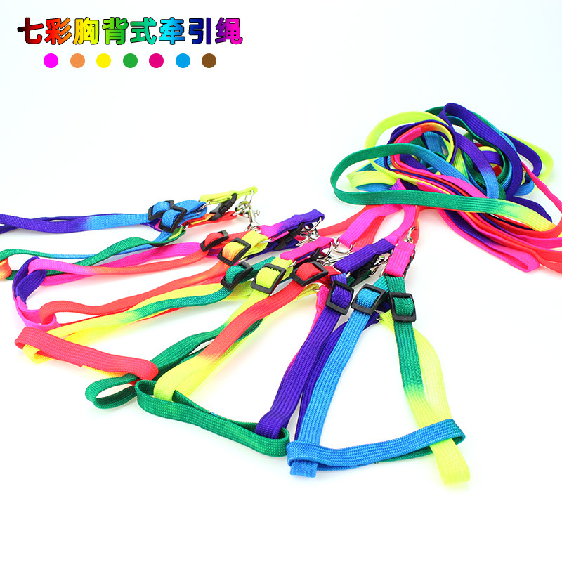厂家批发 七彩宠物牵引绳1.0cm 狗狗牵引绳胸背带 猫牵引带狗用品