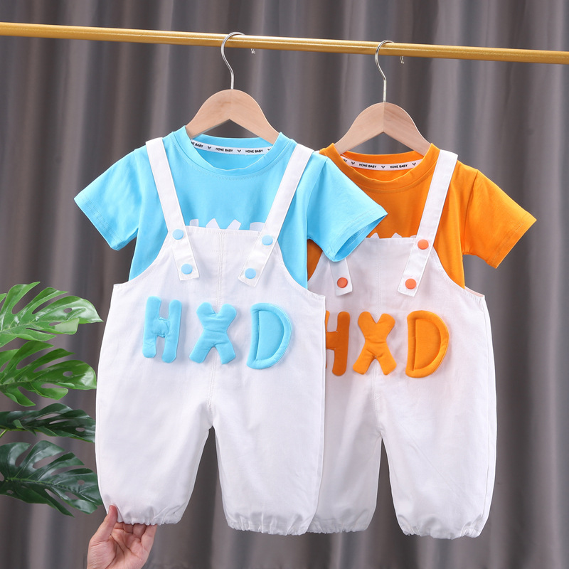 Boys' letter short-sleeved set 2022 New style 0-1-3 years old children's overalls summer dress Little girl T-shirt