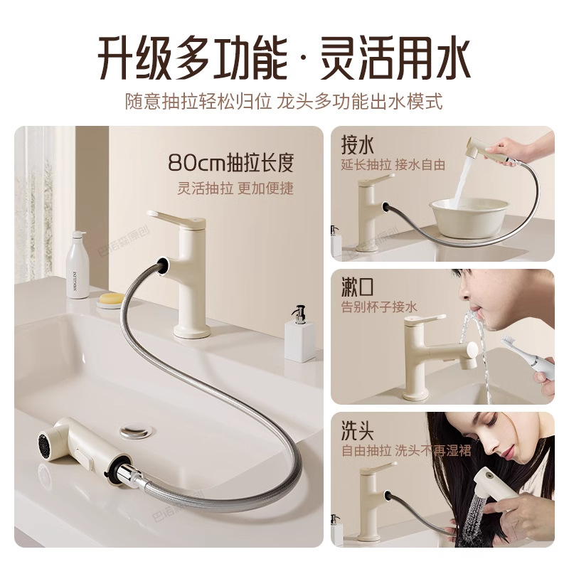 Pull-out universal copper faucet washbasin, white hot and cold washbasin, bathroom basin, washbasin and countertop details Picture